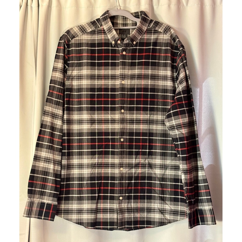 HM Mens Plaid Button Down Shirt Black White Red Long Sleeve Cotton Large L 16.5